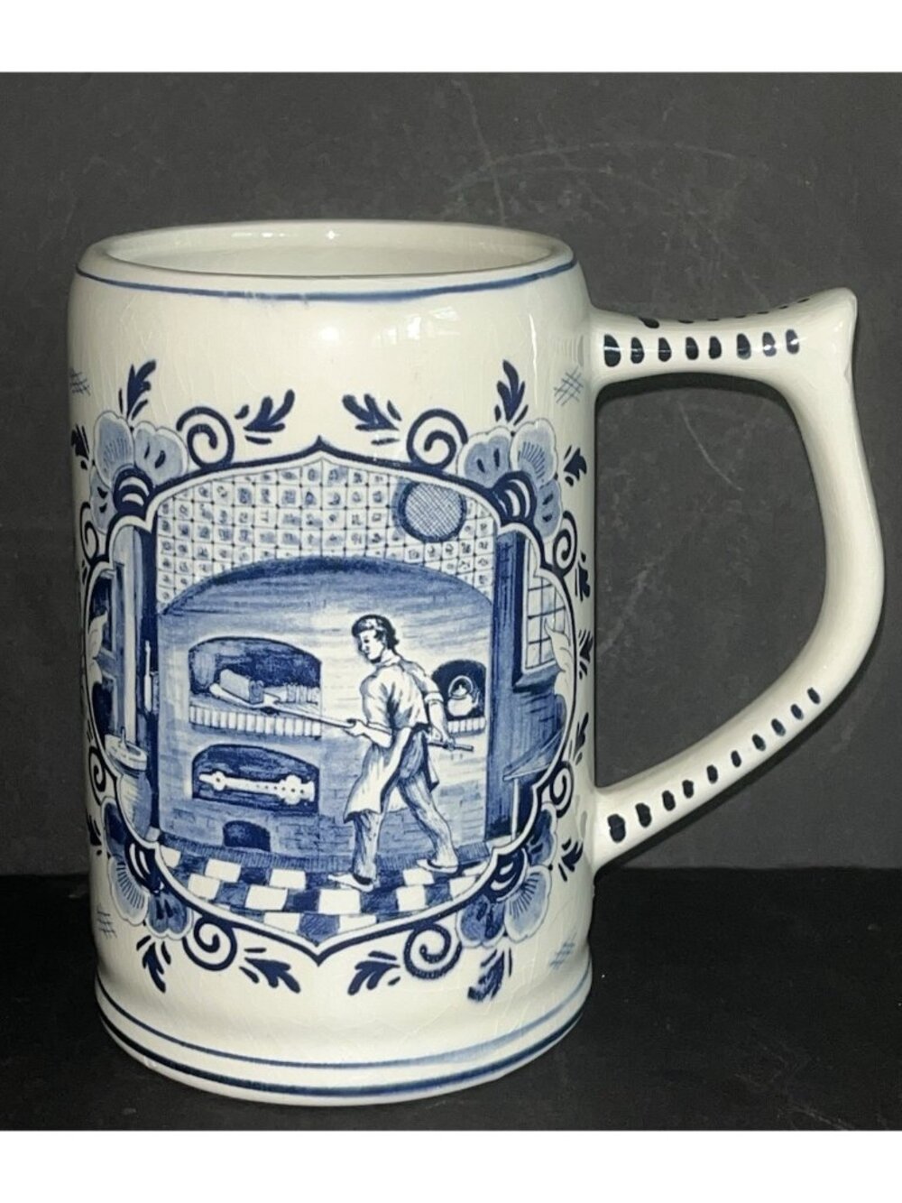 Delft Blue Hand Painted Coffee Mug Stein Signed Rare Scene Made In Holland Baker